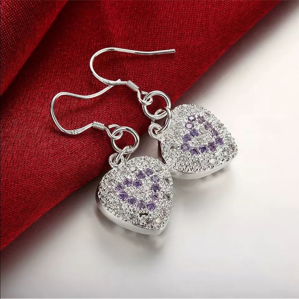 Sterling Silver Heart Amethyst Crystal Earrings NEW - Picture 2 of 6
